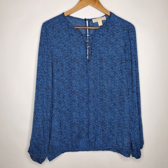 Michael Kors Womens Blue Long Sleeve Animal Print Blouse Size L Keyhole Neckline - Picture 1 of 9